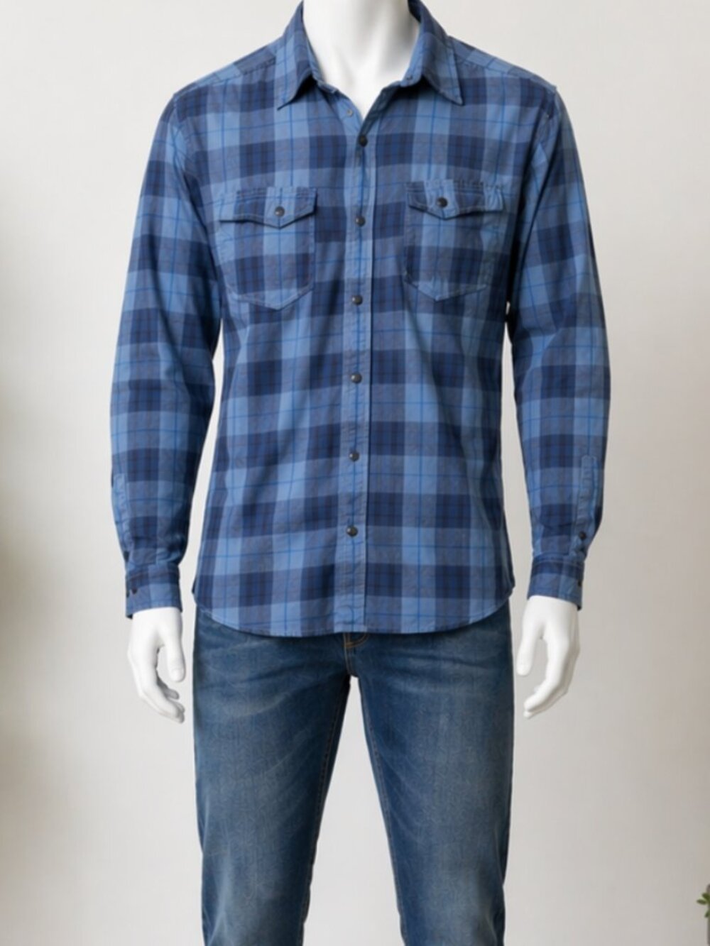 The North Face Mens Large Blue Plaid Long Sleeve Button Front Shirt Outdoor Wear